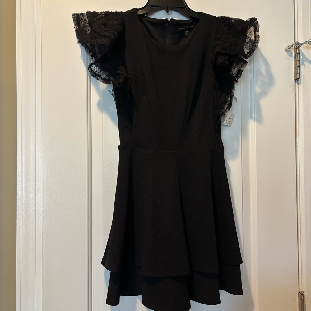 Crystal Doll Black Fit and Flare Mini Dress with Lace Ruffle Sleeves XS